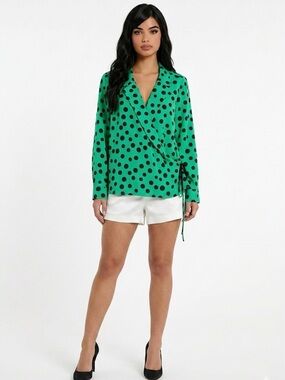 ZARA Green & Black Polka Dot Side Tie Wrap Top - Size Large (L)